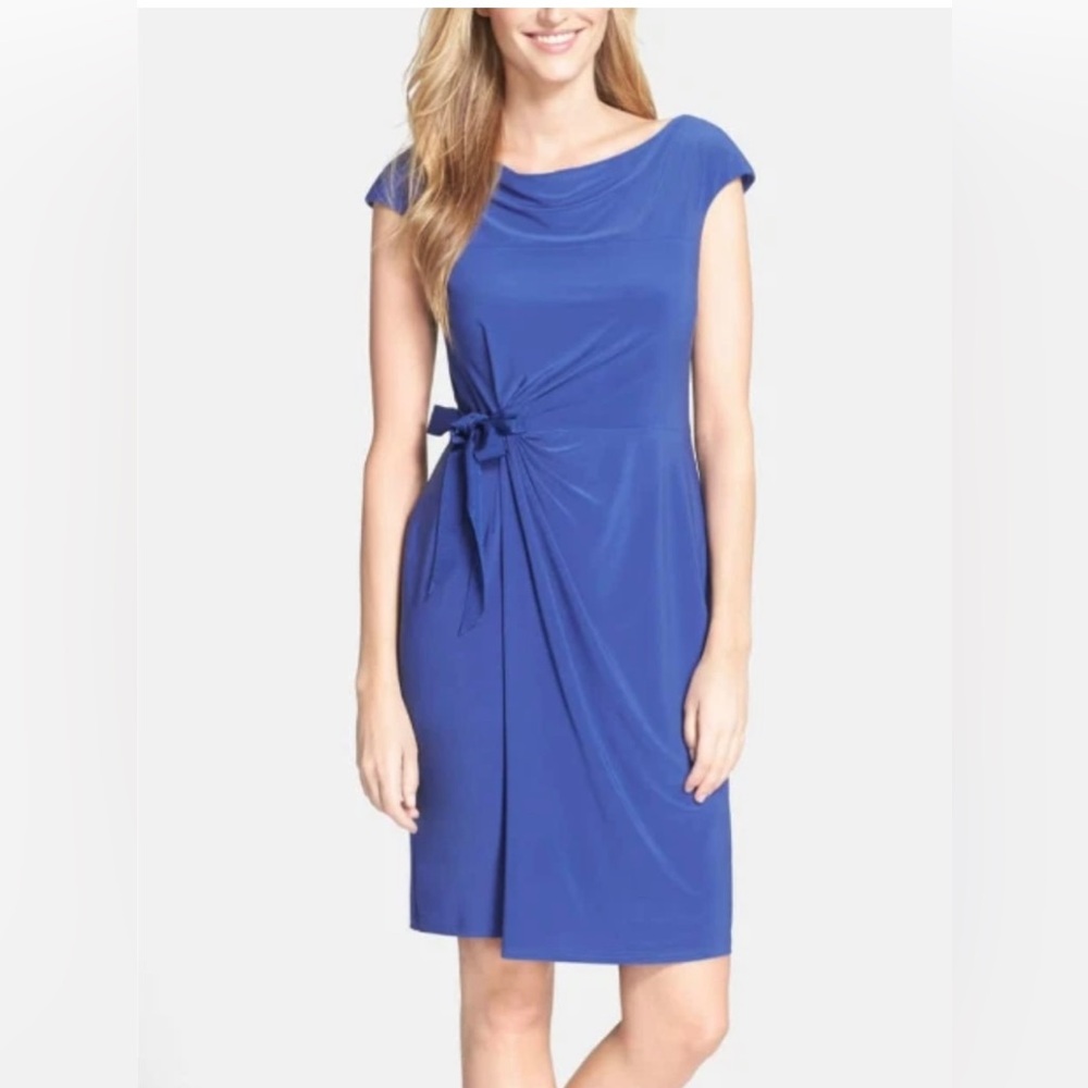 Adrianna Papell Jersey Faux Wrap Dress Royal Blue cowl neckline Cap Sleeves US 8